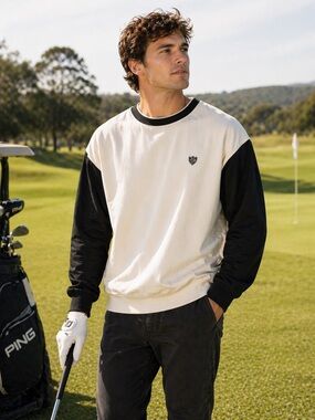 Polo Golf Vintage Style Color block Crewneck Sweatshirt | Black/Cream Minimalist